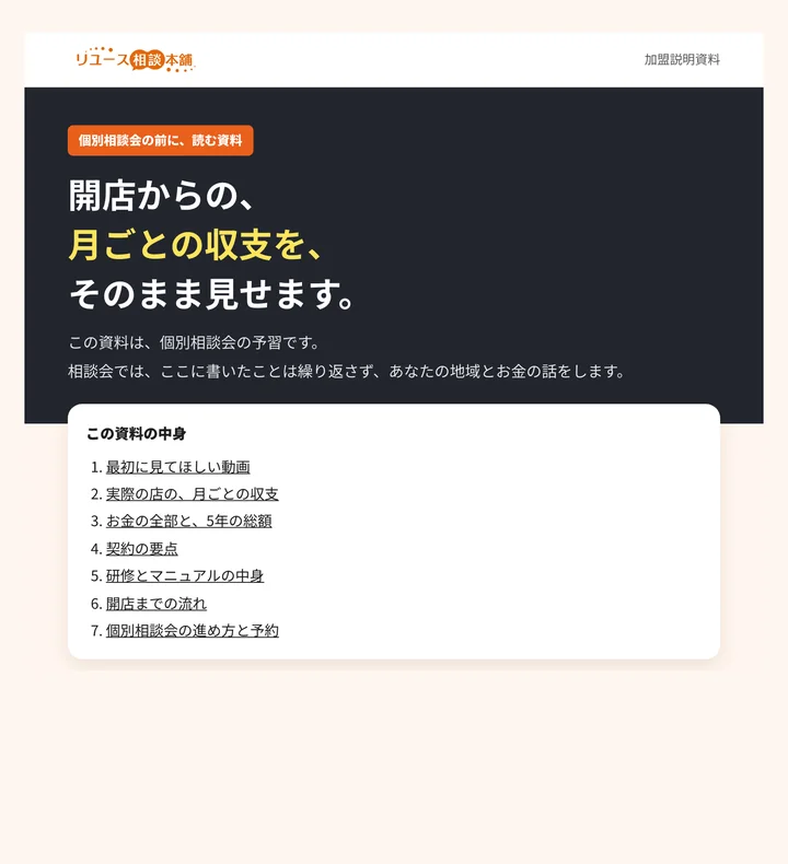 加盟説明資料の見本：加盟説明資料の表紙（数字は資料で公開）