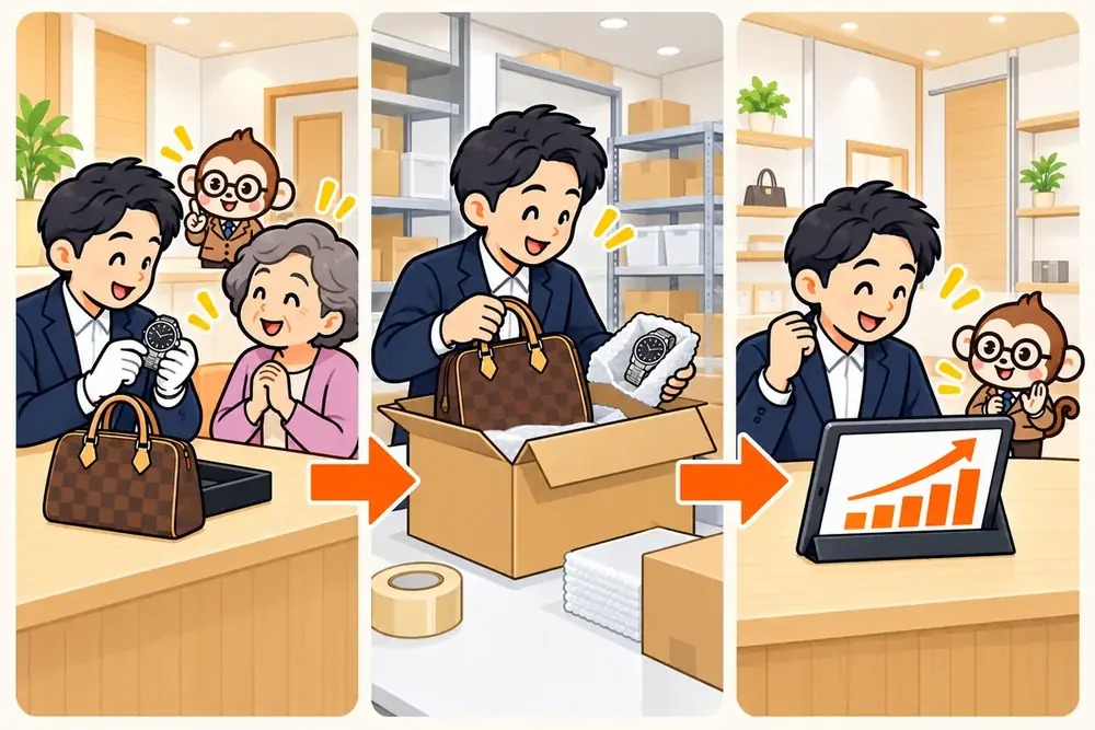 買取から販売までの流れのイラスト