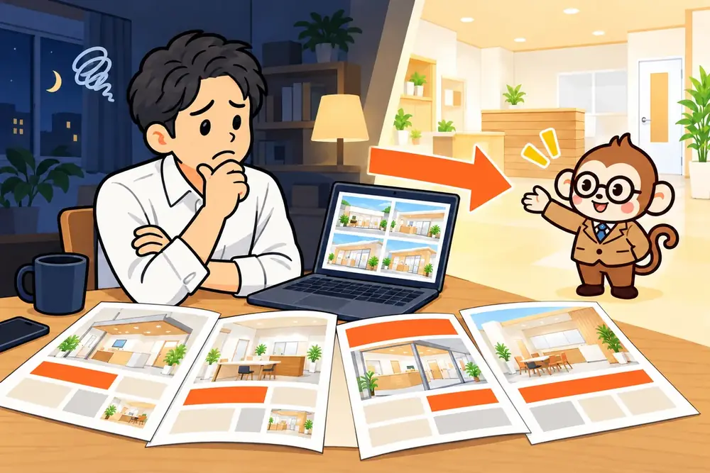 資料を見比べて迷う人のイラスト