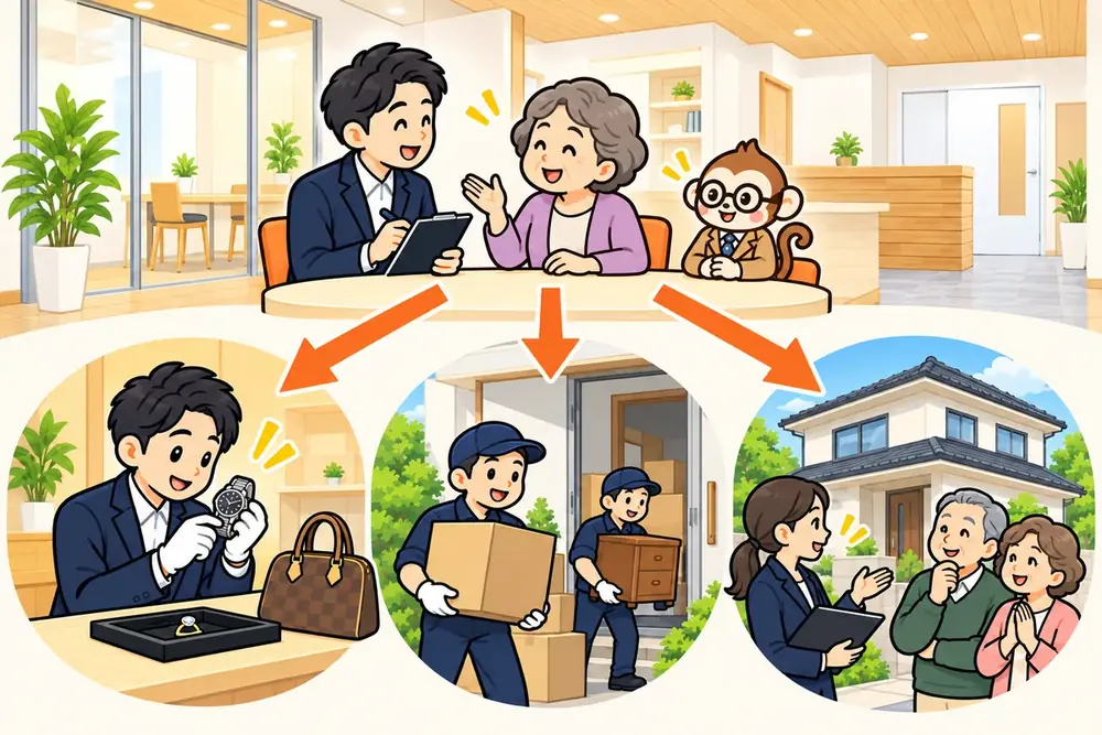 相談から、買取・片付け・不動産の売却へ（イラスト）