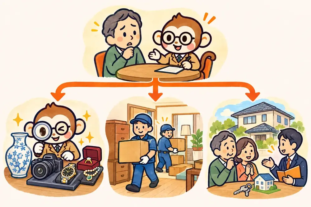 相談から買取・片付け・家の売却へつなぐ流れのイラスト