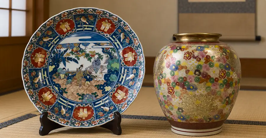 絵付けされた古陶磁器の皿と壺
