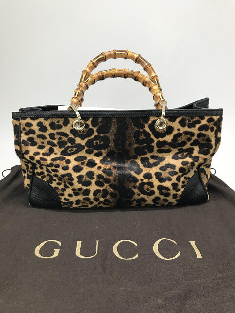 グッチ バッグ ハンドバッグ  ハラコ レオパード バンブー ブラウン