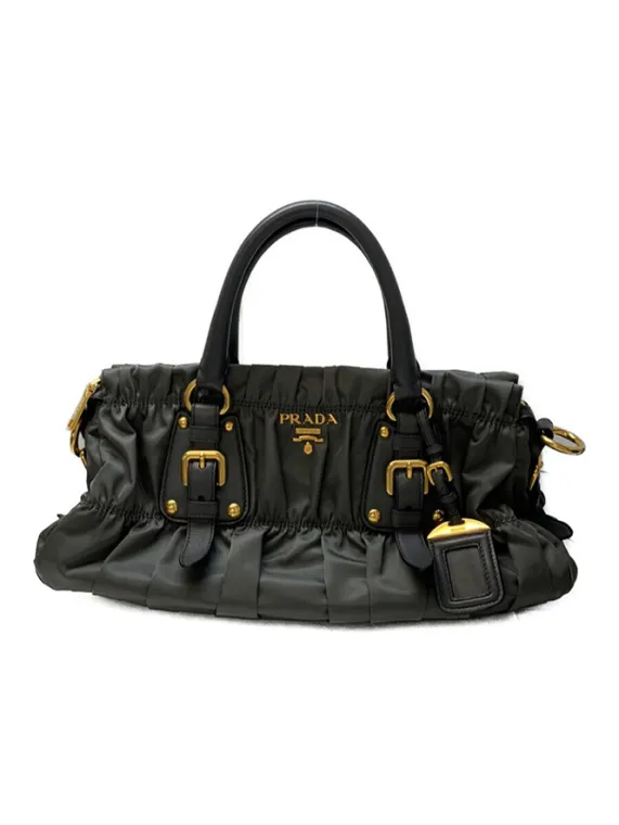 PRADA ソフトカーフ 2WAYハンドバッグ ブラック プラダ ハンドバッグ 2WAY ショルダーバッグ ギャザー ナイロン
