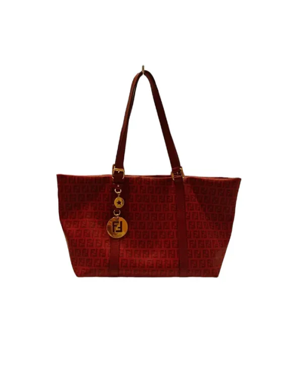 FENDI ズッキーノ レザー キャンバス トートバッグ レッド FENDI - FENDI ズッキーノ レザー キャンバス トートバッグ