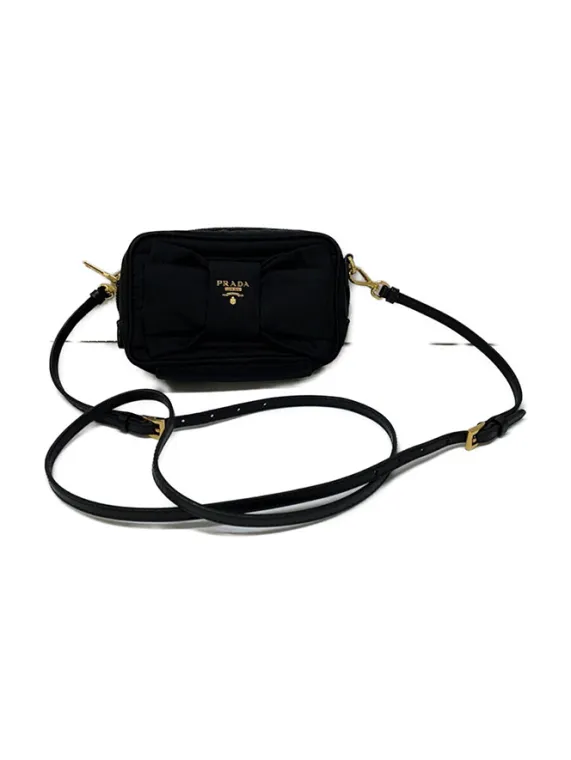 【美品】PRADA プラダ ショルダーバッグ　リボン プラダリボンモチーフ ミニ 黒 ゴールド金具 レディース