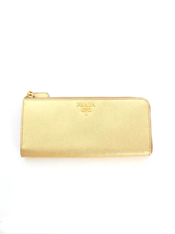 PRADA 財布　サフィアーノゴールドバー プラダ サフィアーノ L字ファスナー 長財布 ゴールド買取参考